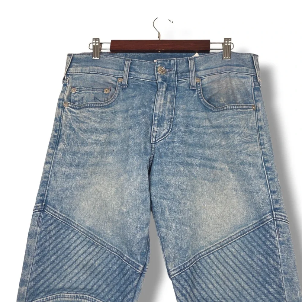 True Religion Geno Relaxed Slim Moto Biker Jeans Mens 31‎ Acid Wash Stretch Blue